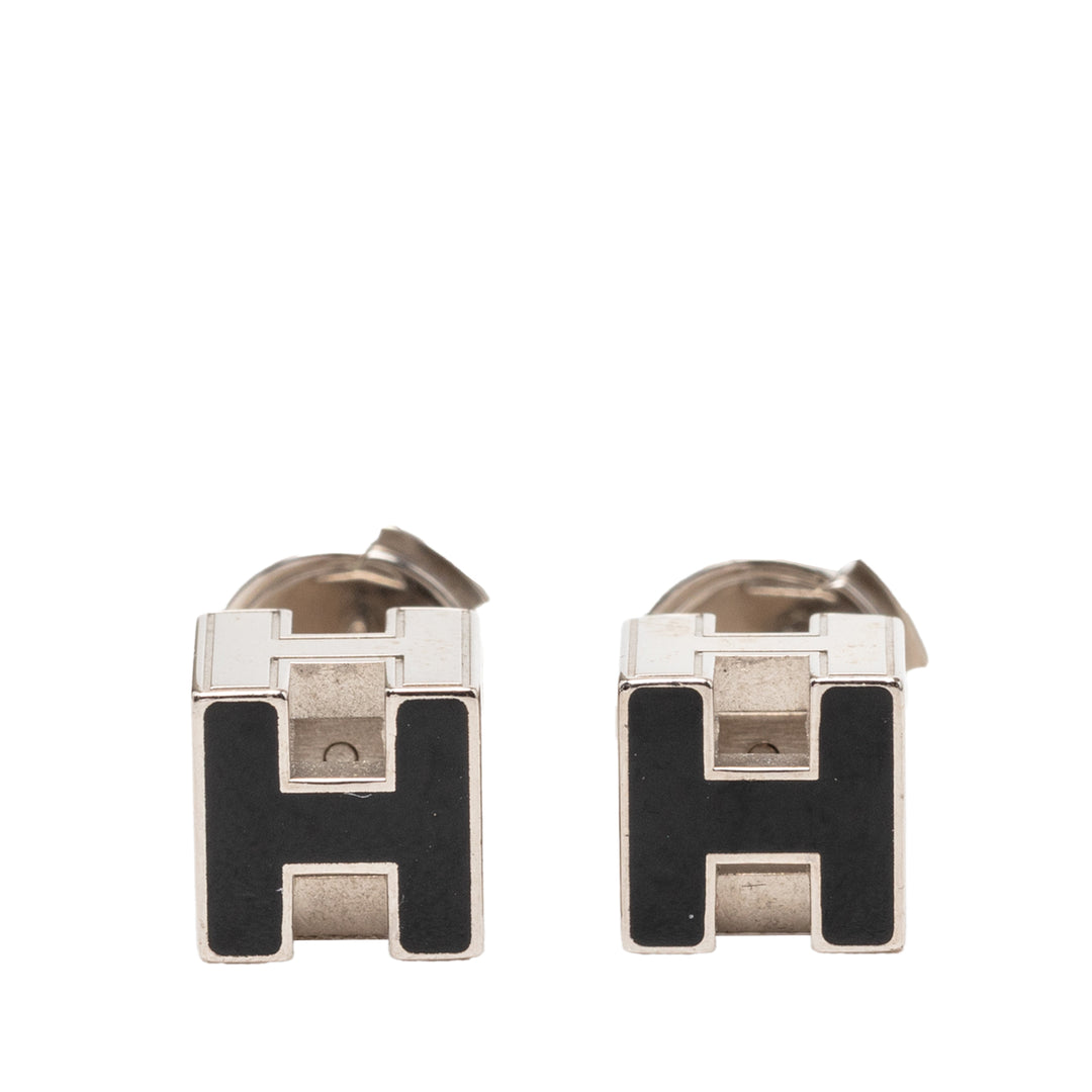 Hermès Palladium plaqué Émail Cage D H fermoir poussette Boucles d’oreilles