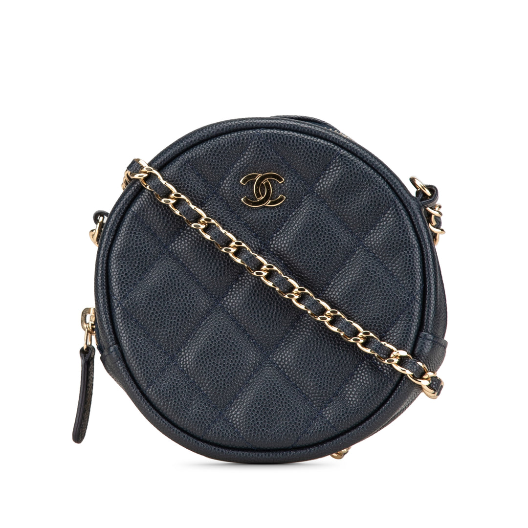 CC Quilted Caviar Round Clutch With Chain Blue - Gaby Paris