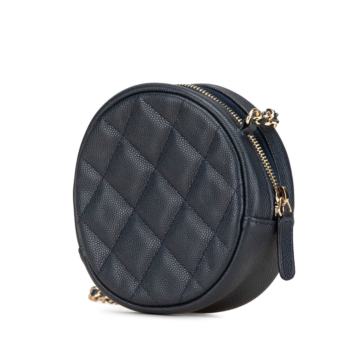 CC Quilted Caviar Round Clutch With Chain Blue - Gaby Paris