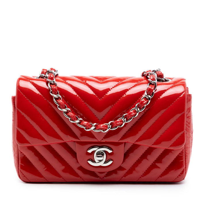 Chanel Mini Rectangular Classic Chevron Cuir verni Simple rabat
