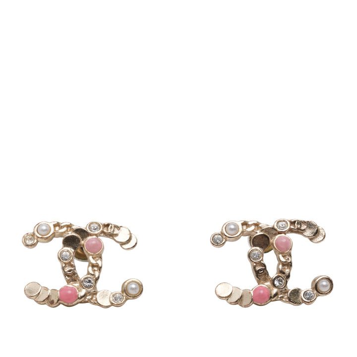 Chanel CC plaqué Perles fantaisie Strass Bullet Back Boucles d'oreilles Métal