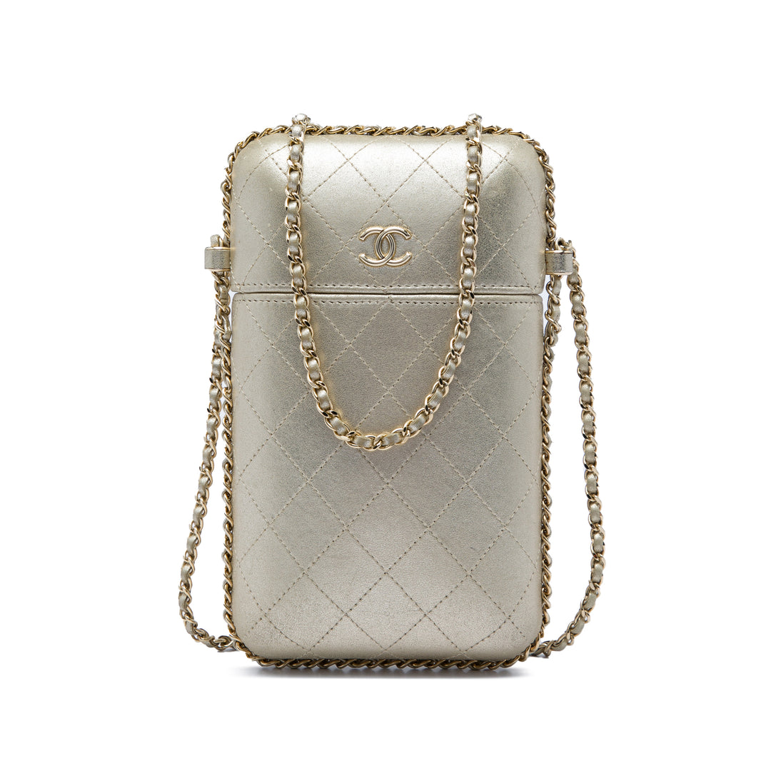 CC Matelassé Métallisé Sac rond à chaîne Étui téléphone Cuir d'agneau Doré