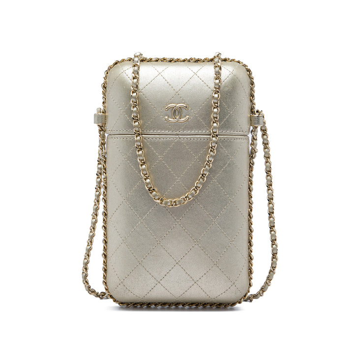 CC Matelassé Métallisé Sac rond à chaîne Étui téléphone Cuir d'agneau Doré