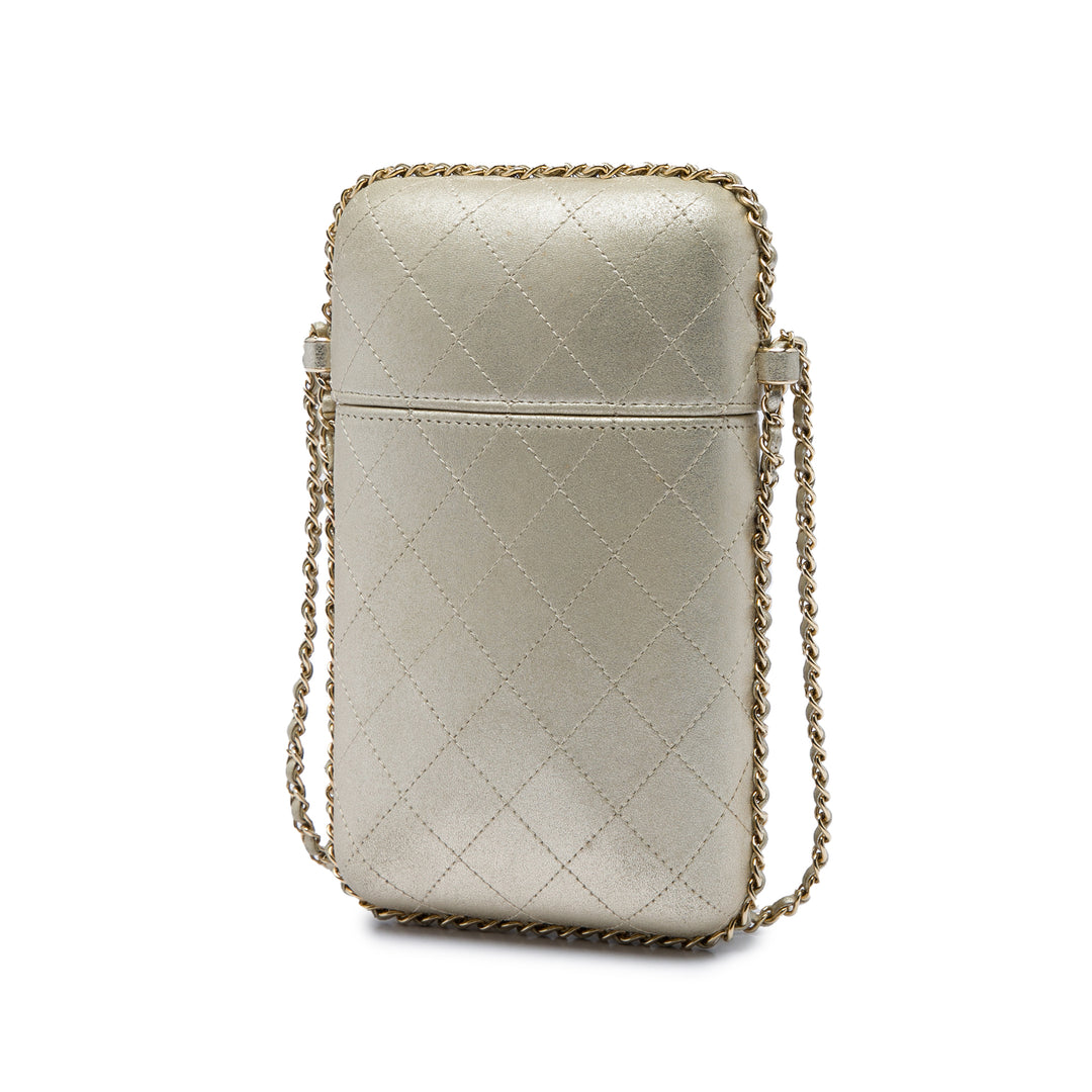 CC Matelassé Métallisé Sac rond à chaîne Étui téléphone Cuir d'agneau Doré