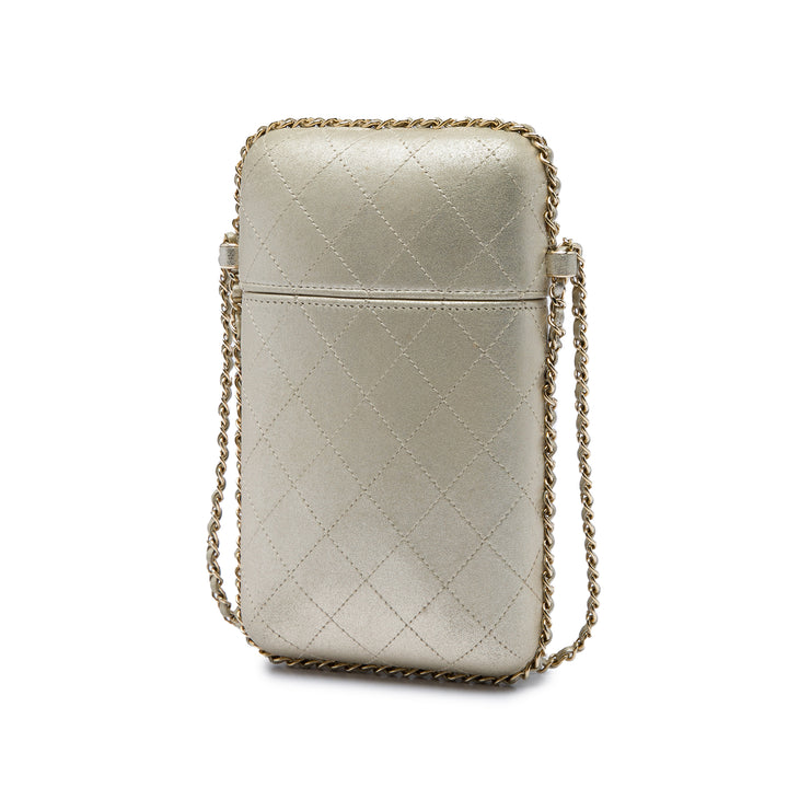 CC Matelassé Métallisé Sac rond à chaîne Étui téléphone Cuir d'agneau Doré