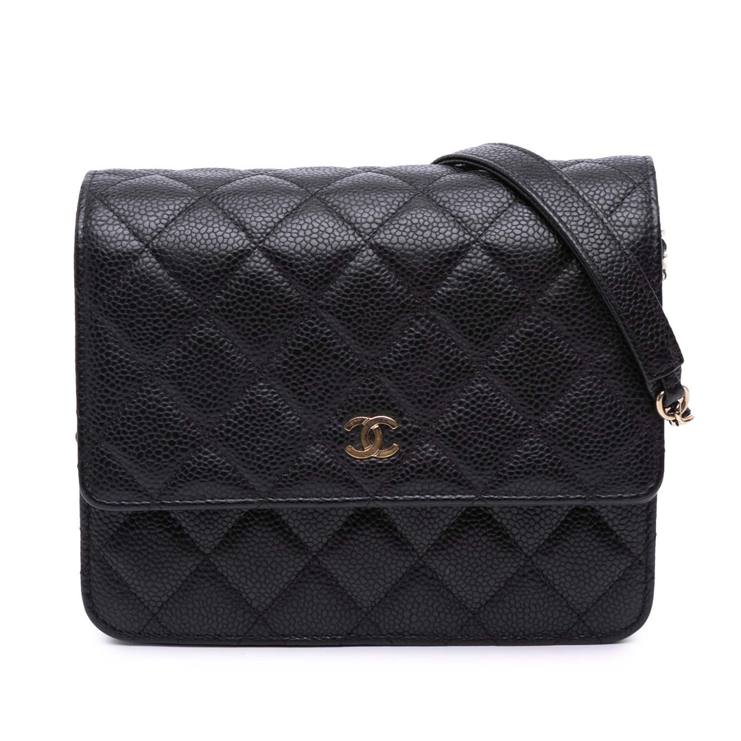 Quilted Caviar Square Wallet on Chain Black - Gaby Paris
