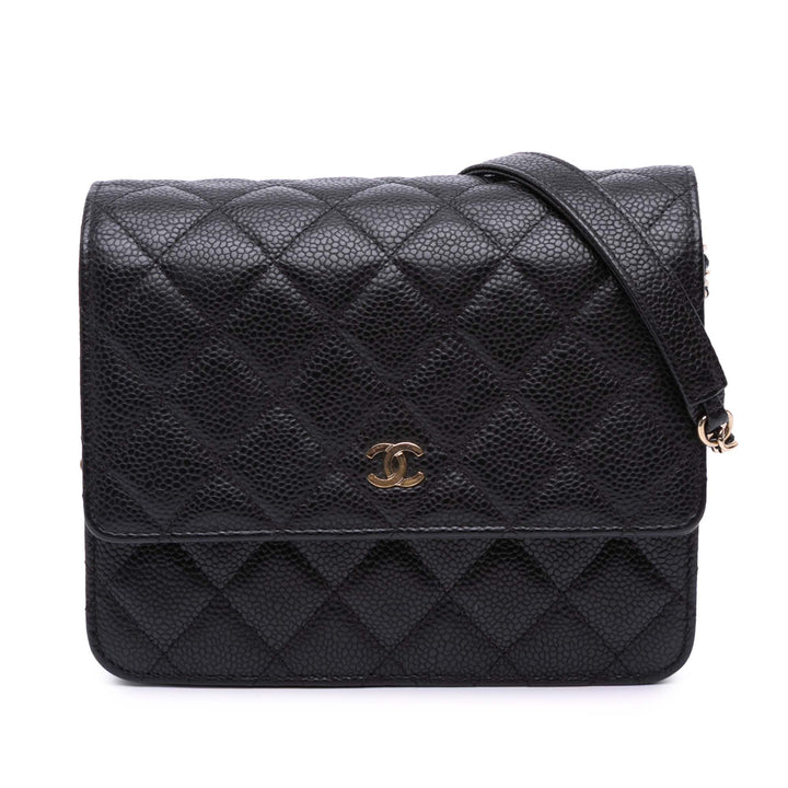 Quilted Caviar Square Wallet on Chain Black - Gaby Paris