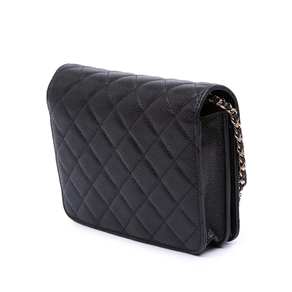 Quilted Caviar Square Wallet on Chain Black - Gaby Paris
