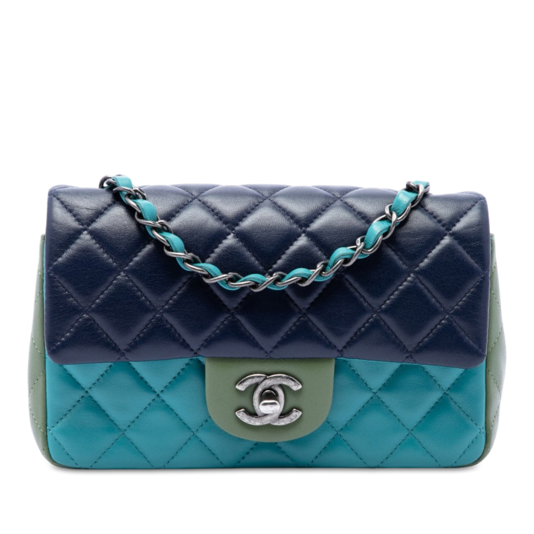 Classic Rectangulaire Tricolore Rabat simple Mini Cuir d'agneau Bleu