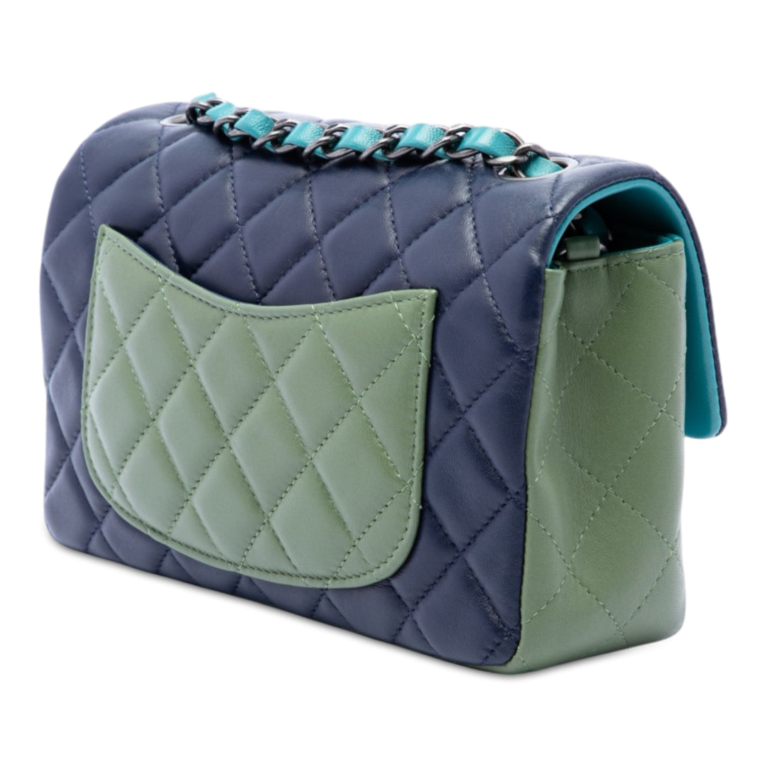 Classic Rectangulaire Tricolore Rabat simple Mini Cuir d'agneau Bleu