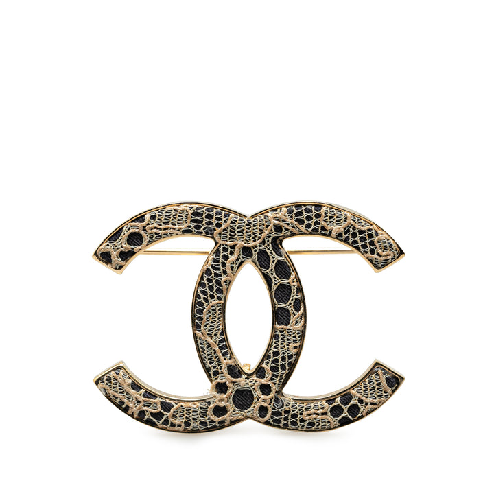 Chanel Tweed and Lace CC Logo Brooch Gold - GABY PARIS