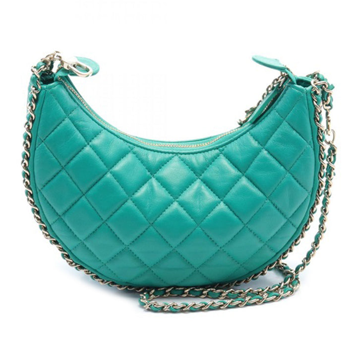 Small Quilted Lambskin Chain Around Hook Hobo Bag Green - Gaby Paris