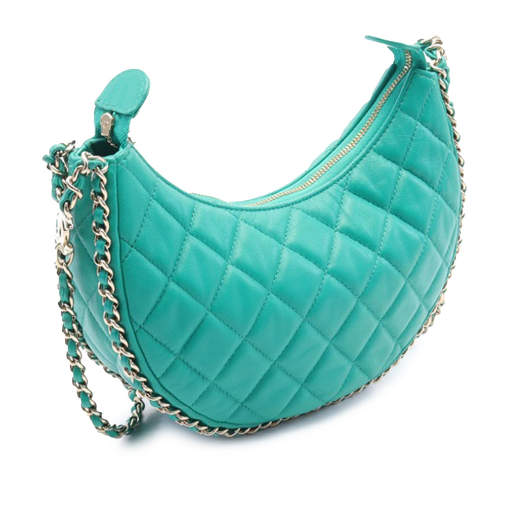 Small Quilted Lambskin Chain Around Hook Hobo Bag Green - Gaby Paris