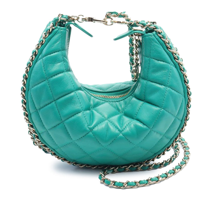 Small Quilted Lambskin Chain Around Hook Hobo Bag Green - Gaby Paris