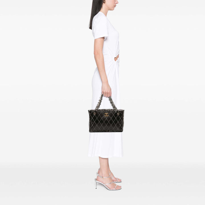 Chanel CC Quilted Cuir de veau Tweedy Shopping Cabas Noir