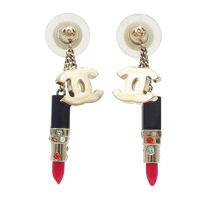 Chanel plaqué Resin et Rhinestone CC Lipstick pendantes fermoir poussette Boucles d’oreilles – GABY PARIS Authentique