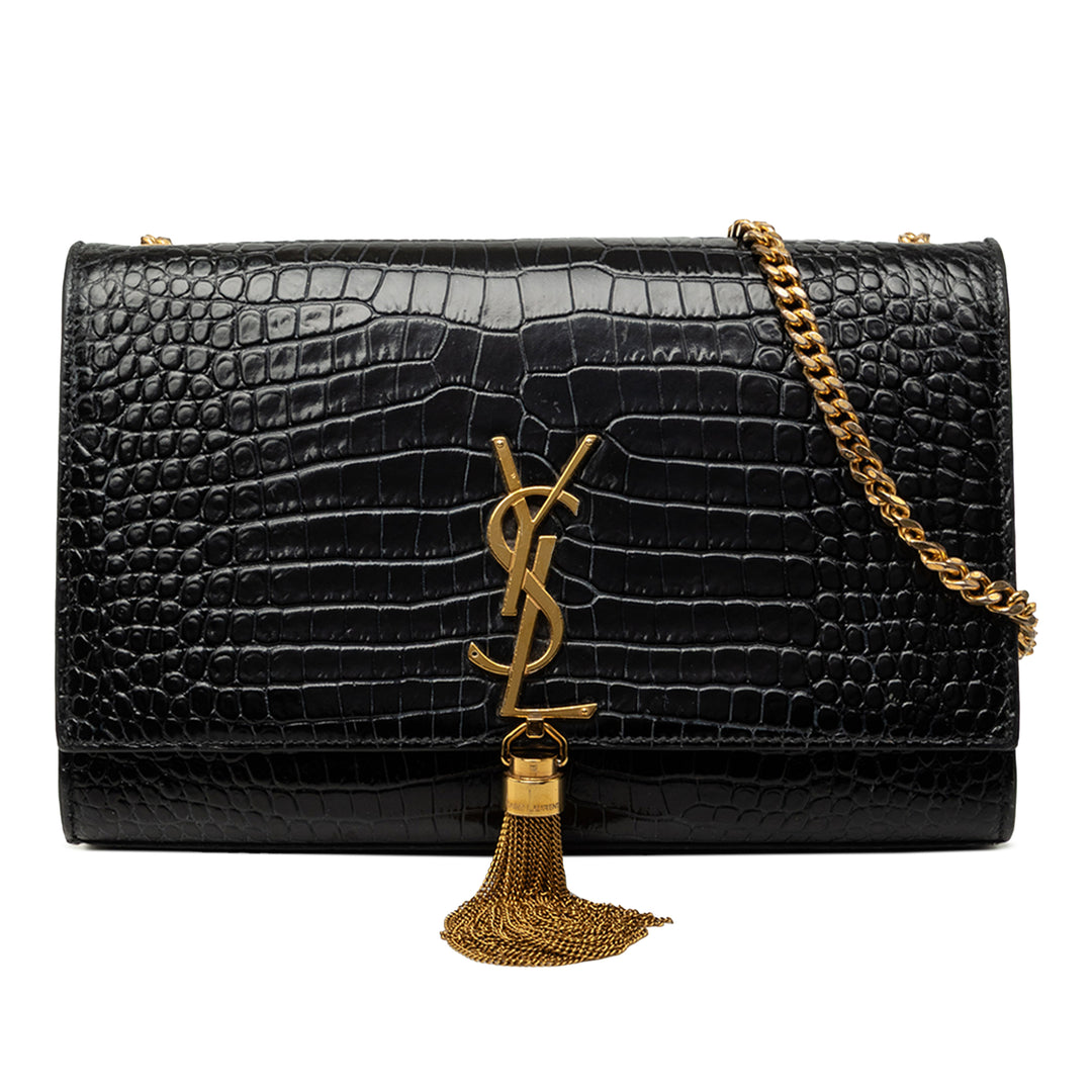 Saint Laurent Medium Croc embossé Cuir verni Monogram Kate Pompon Sac porté croisé