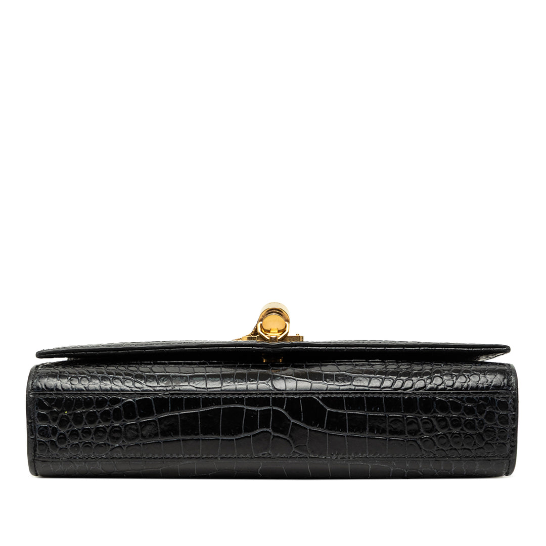 Saint Laurent Medium Croc embossé Cuir verni Monogram Kate Pompon Sac porté croisé