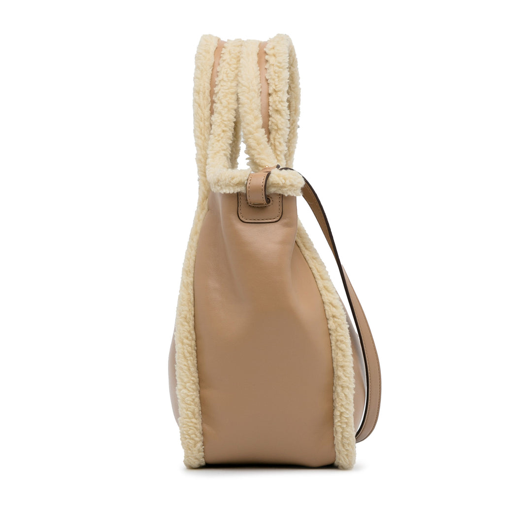 Shearling Trimmed Stella Logo Satchel Brown - Gaby Paris