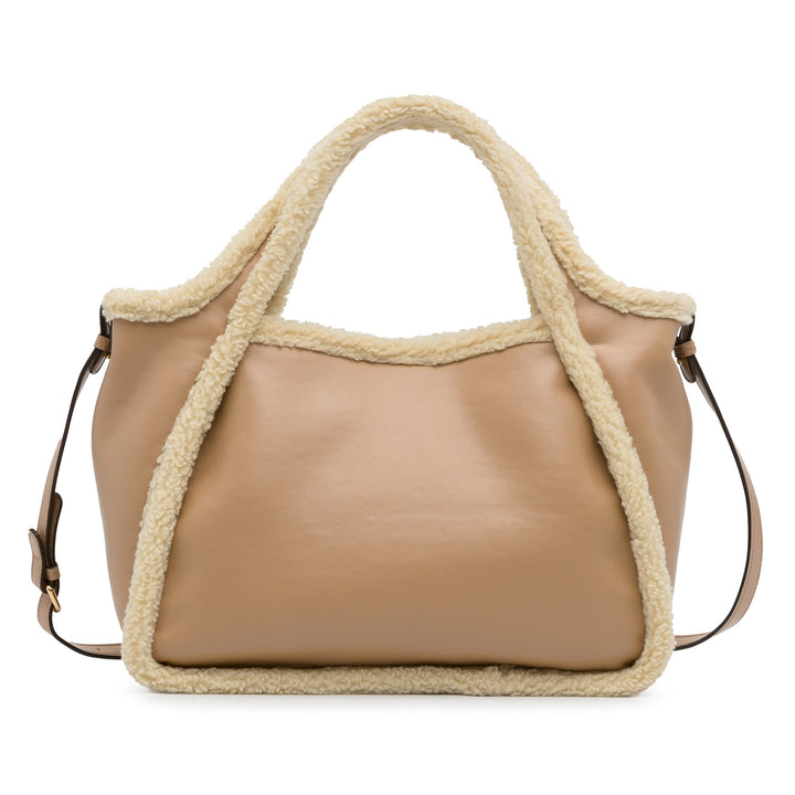 Shearling Trimmed Stella Logo Satchel Brown - Gaby Paris