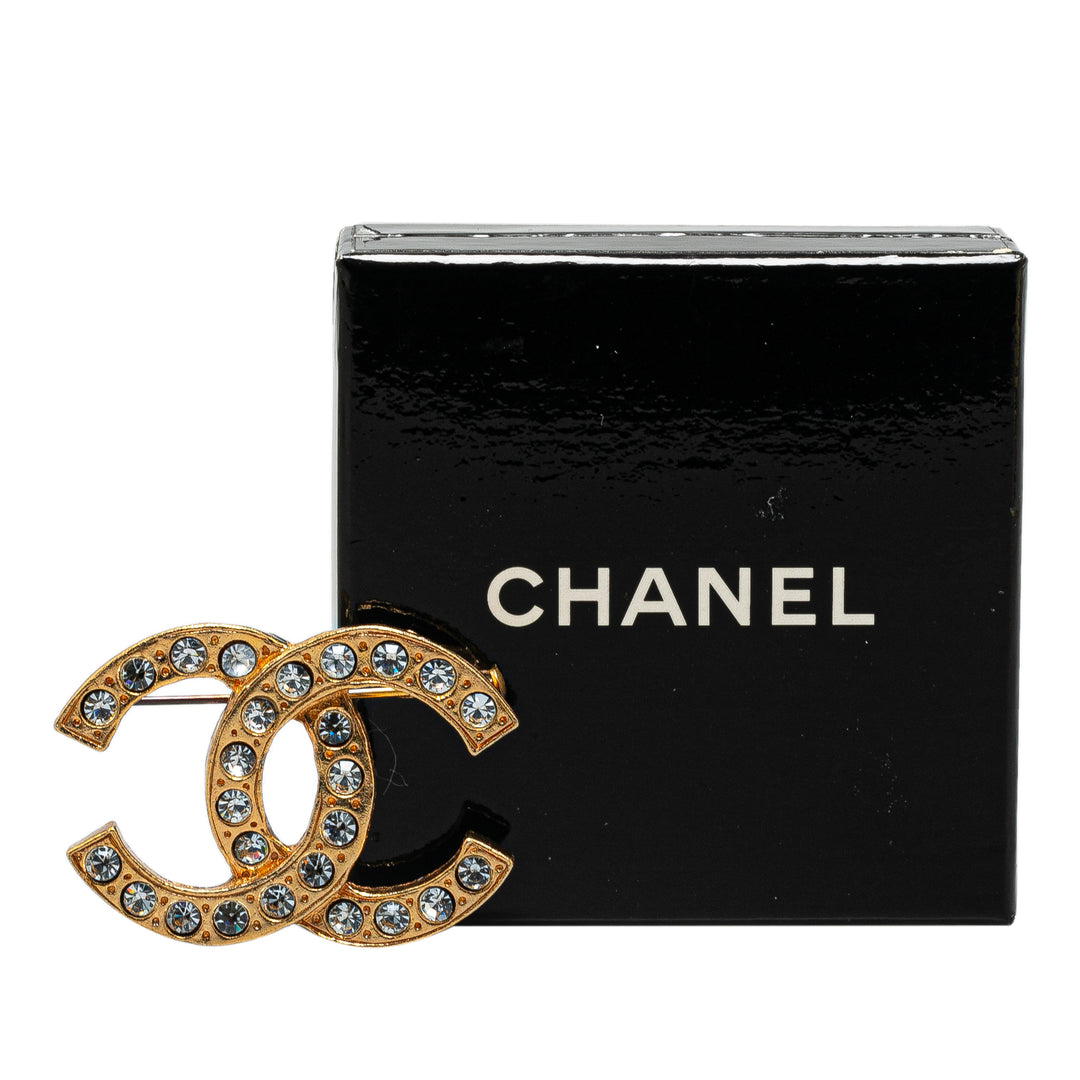 Chanel Gold Plated CC Rhinestones Brooch Gold - GABY PARIS