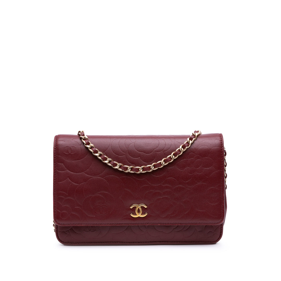 Embossed Lambskin Camellia Wallet On Chain Red - Gaby Paris