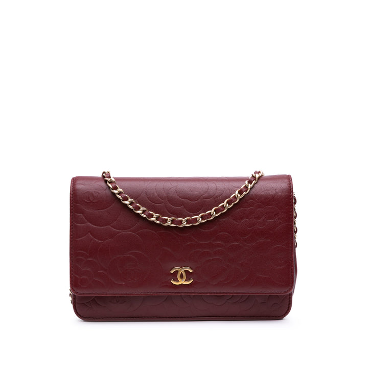 Embossed Lambskin Camellia Wallet On Chain Red - Gaby Paris
