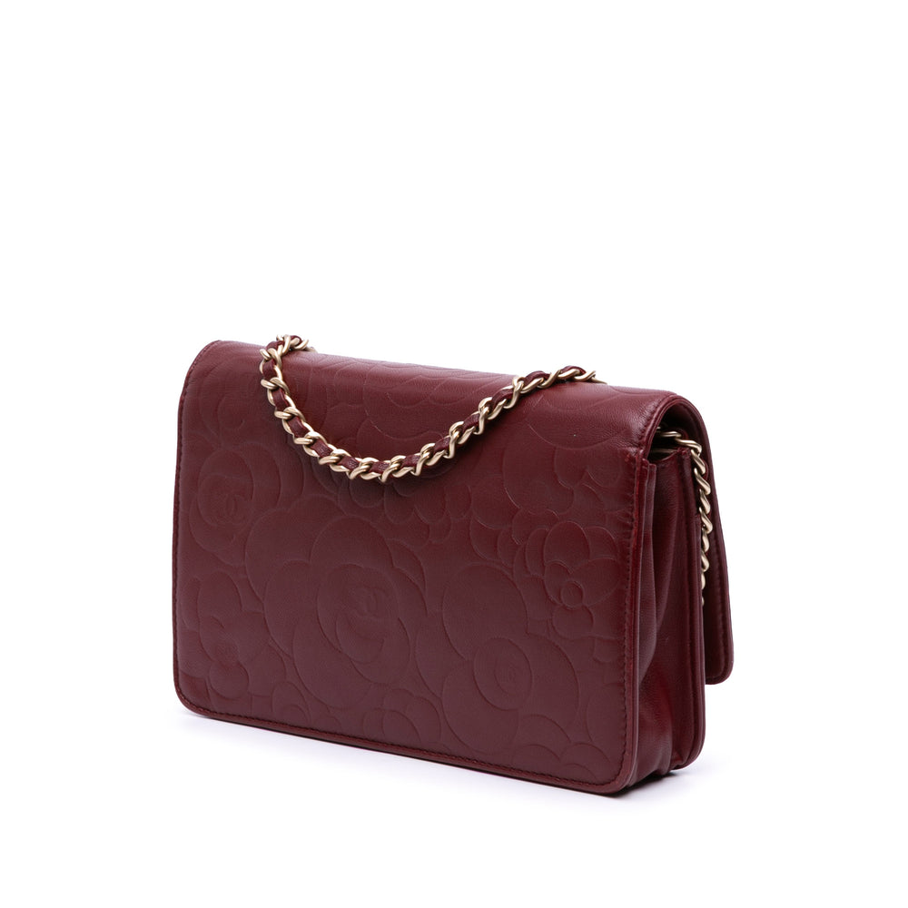 Embossed Lambskin Camellia Wallet On Chain Red - Gaby Paris