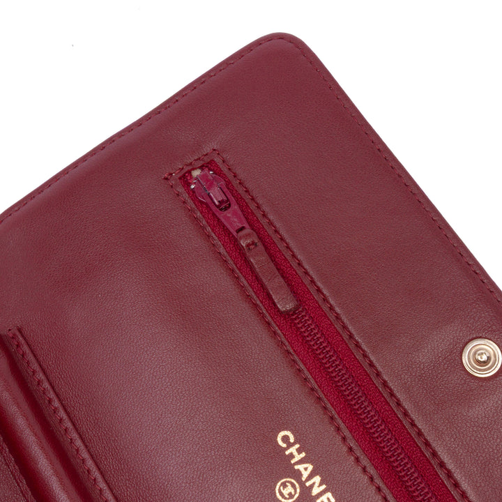 Embossed Lambskin Camellia Wallet On Chain Red - Gaby Paris