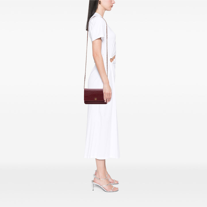 Embossed Lambskin Camellia Wallet On Chain Red - Gaby Paris