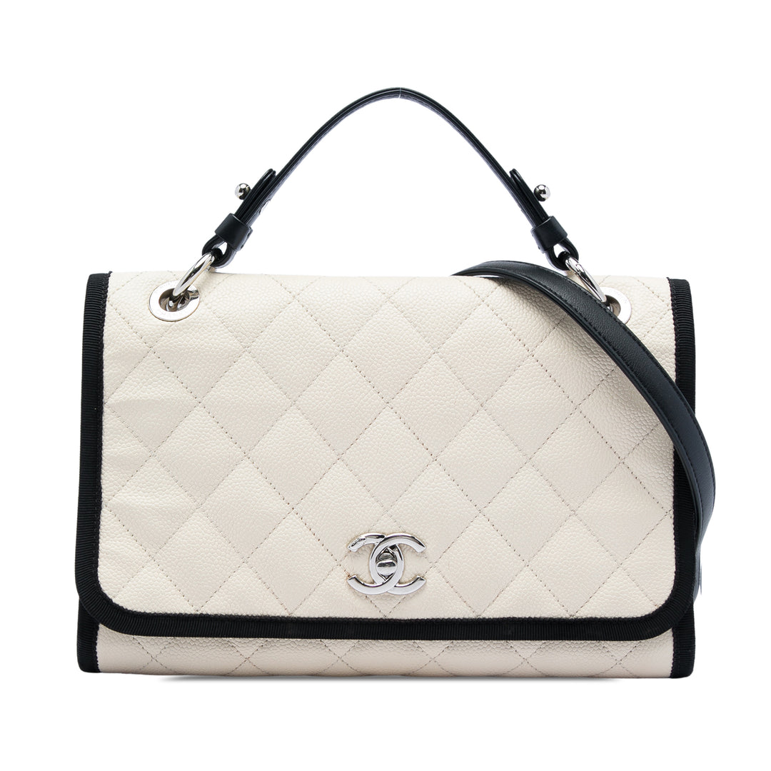Chanel CC Bicolore Matelassé et Grosgrain à rabat Cuir caviar