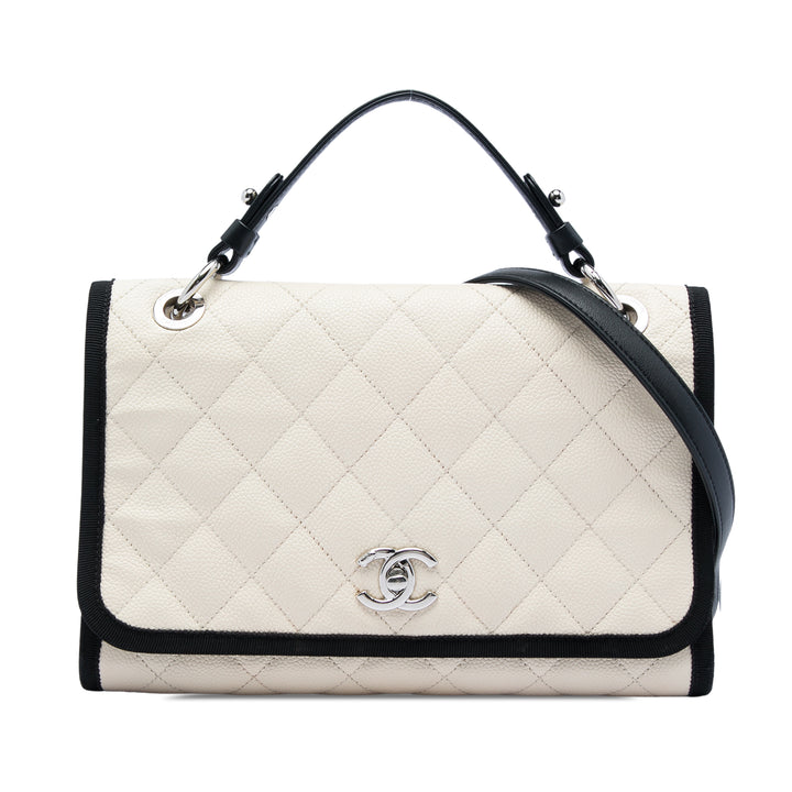 Chanel CC Bicolore Matelassé et Grosgrain à rabat Cuir caviar