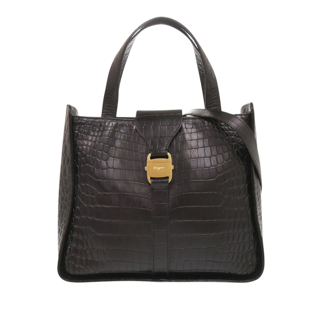 Ferragamo Croc embossé Vara Sac Noir – vue principale – GABY PARIS