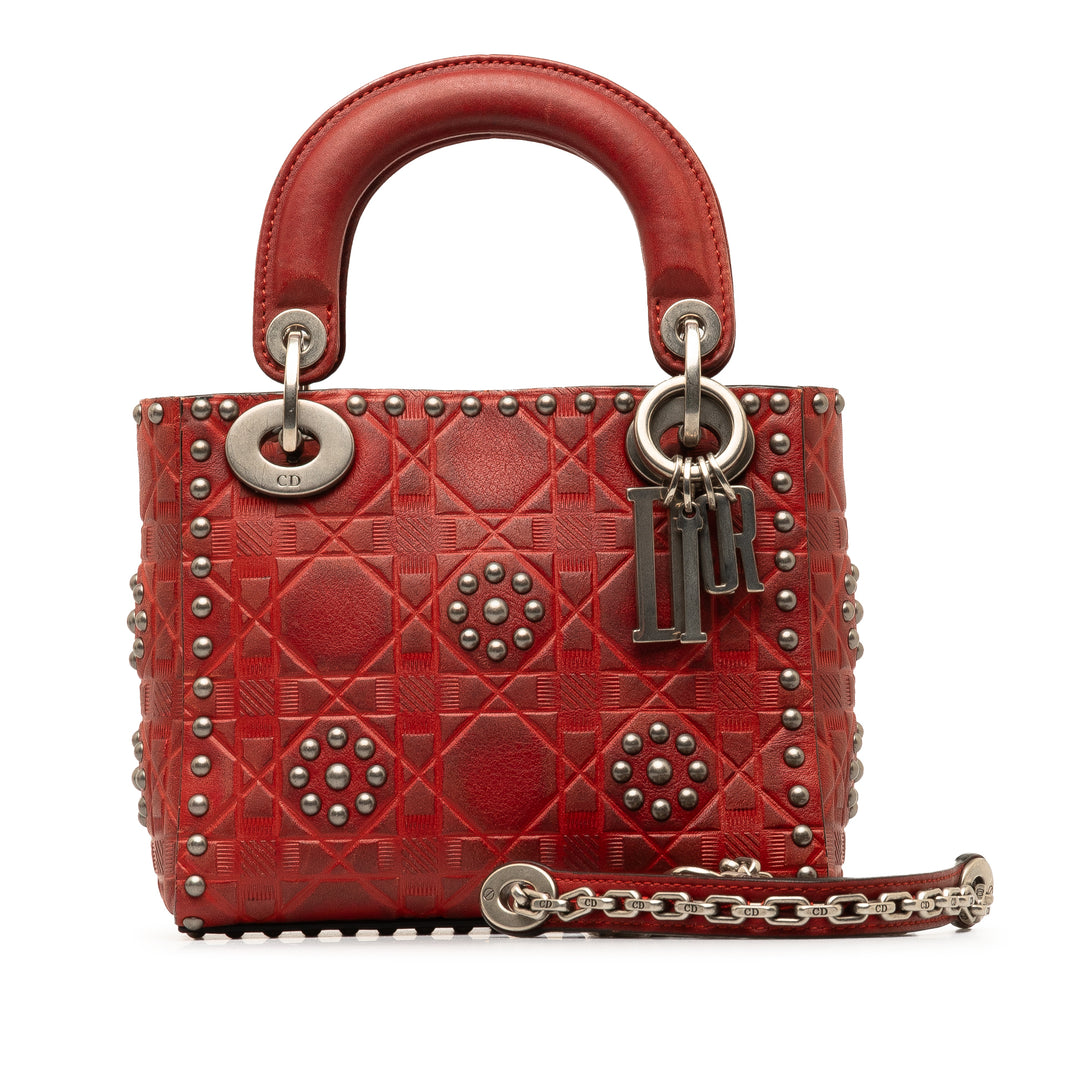 Mini Embossed Calfskin Cannage Studded Lady Dior Red - Gaby Paris