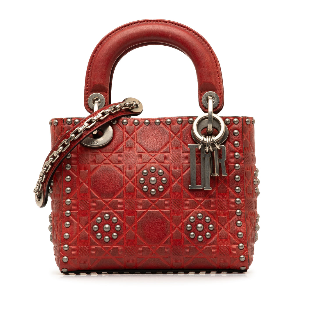 Mini Embossed Calfskin Cannage Studded Lady Dior Red - Gaby Paris