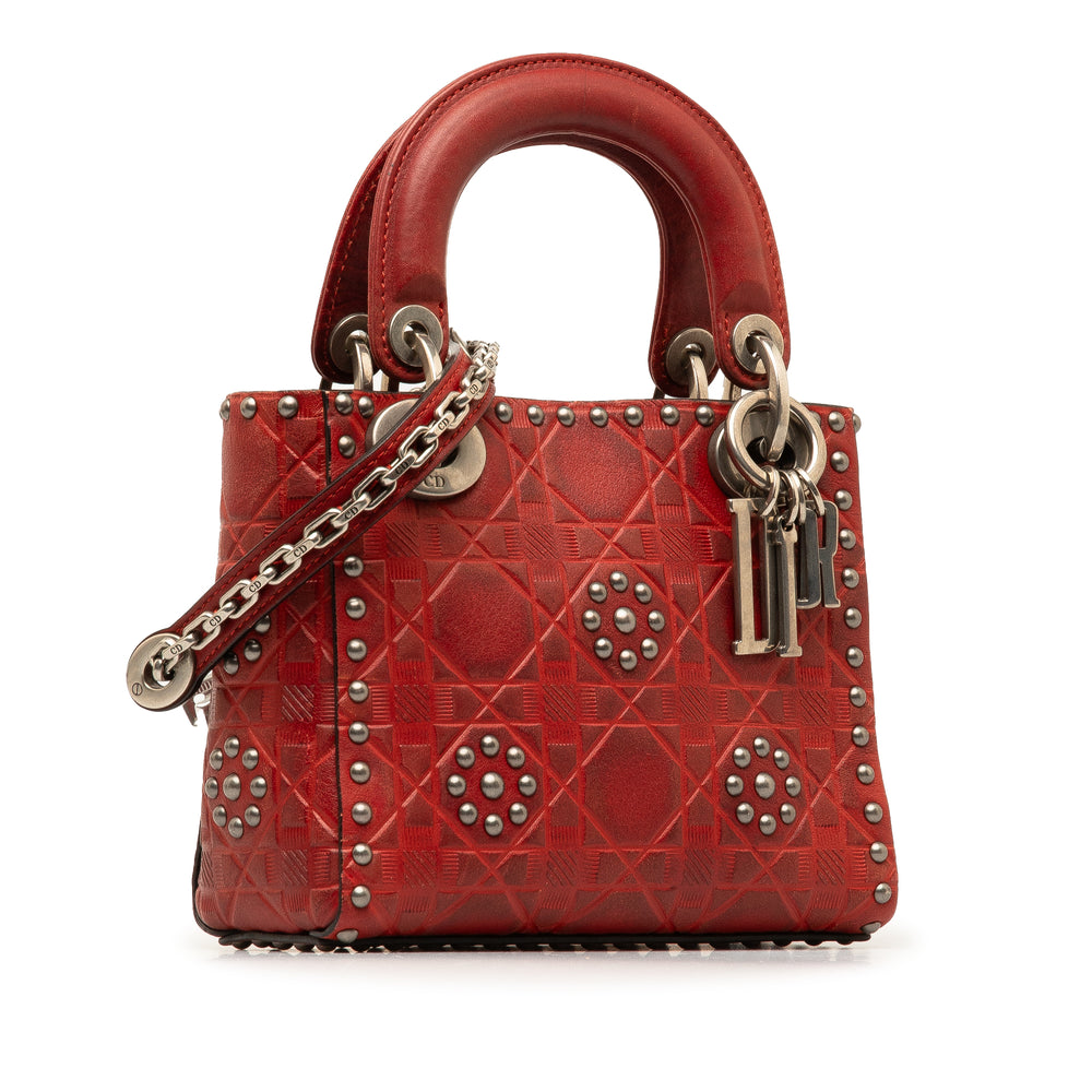 Dior Mini Embossed Calfskin Cannage Studded Lady Dior Red - GABY PARIS