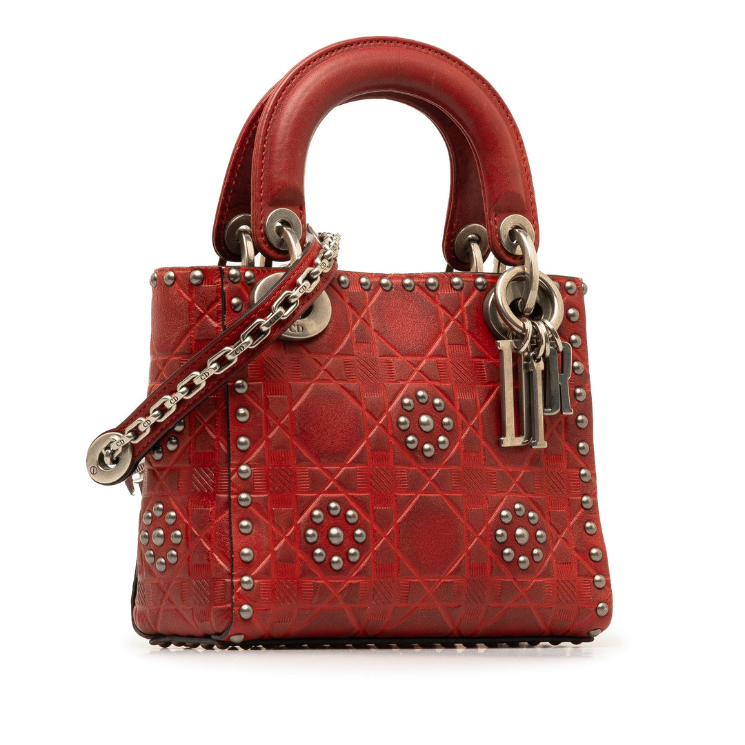 Mini Embossed Calfskin Cannage Studded Lady Dior Red - Gaby Paris