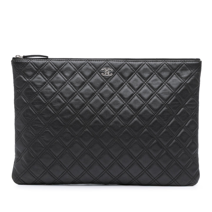 Chanel Large Quilted Cuir d’agneau Double Stitch O Étui Pochette Noir