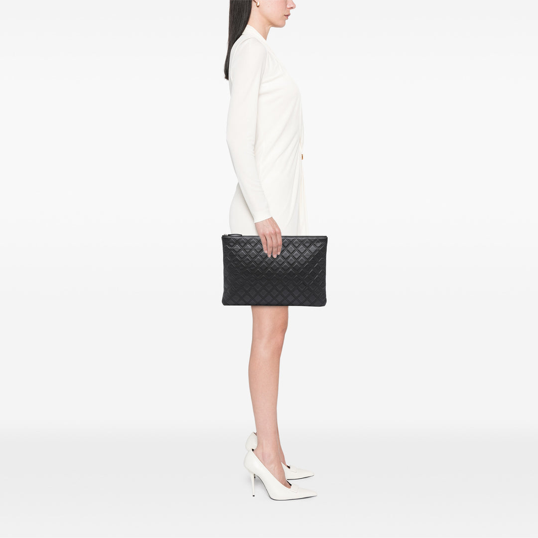 Chanel Large Quilted Cuir d’agneau Double Stitch O Étui Pochette Noir