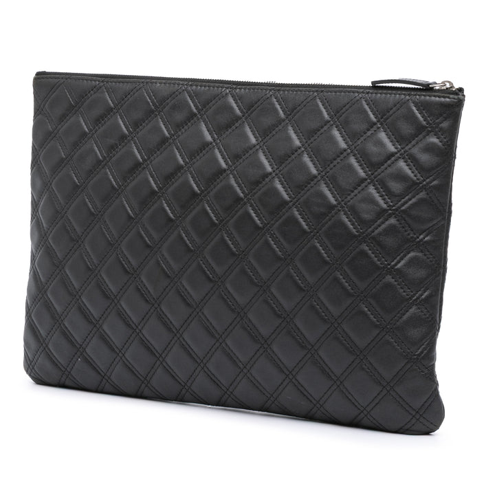 Chanel Large Quilted Cuir d’agneau Double Stitch O Étui Pochette Noir