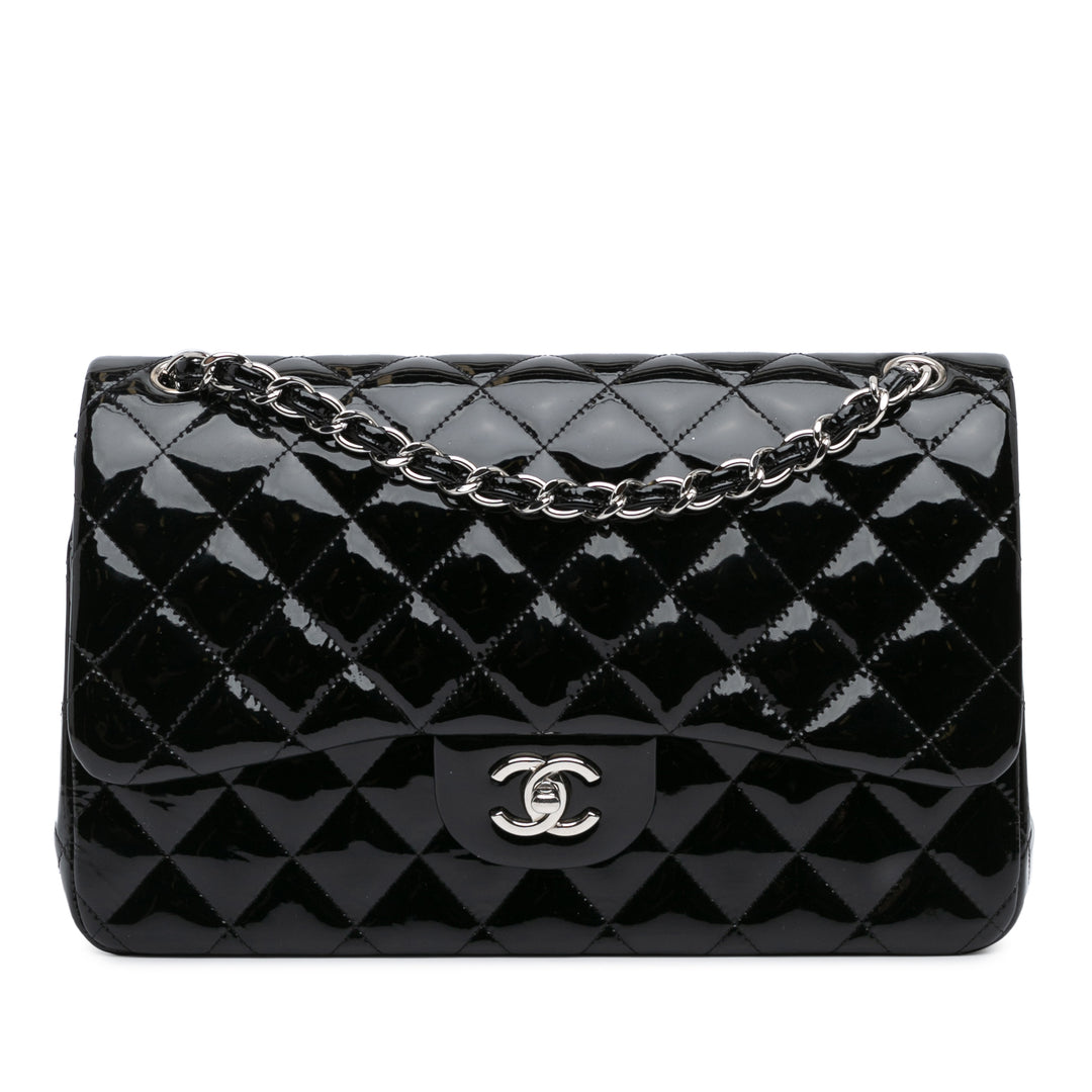 Jumbo Classic Patent Double Flap Black - Gaby Paris