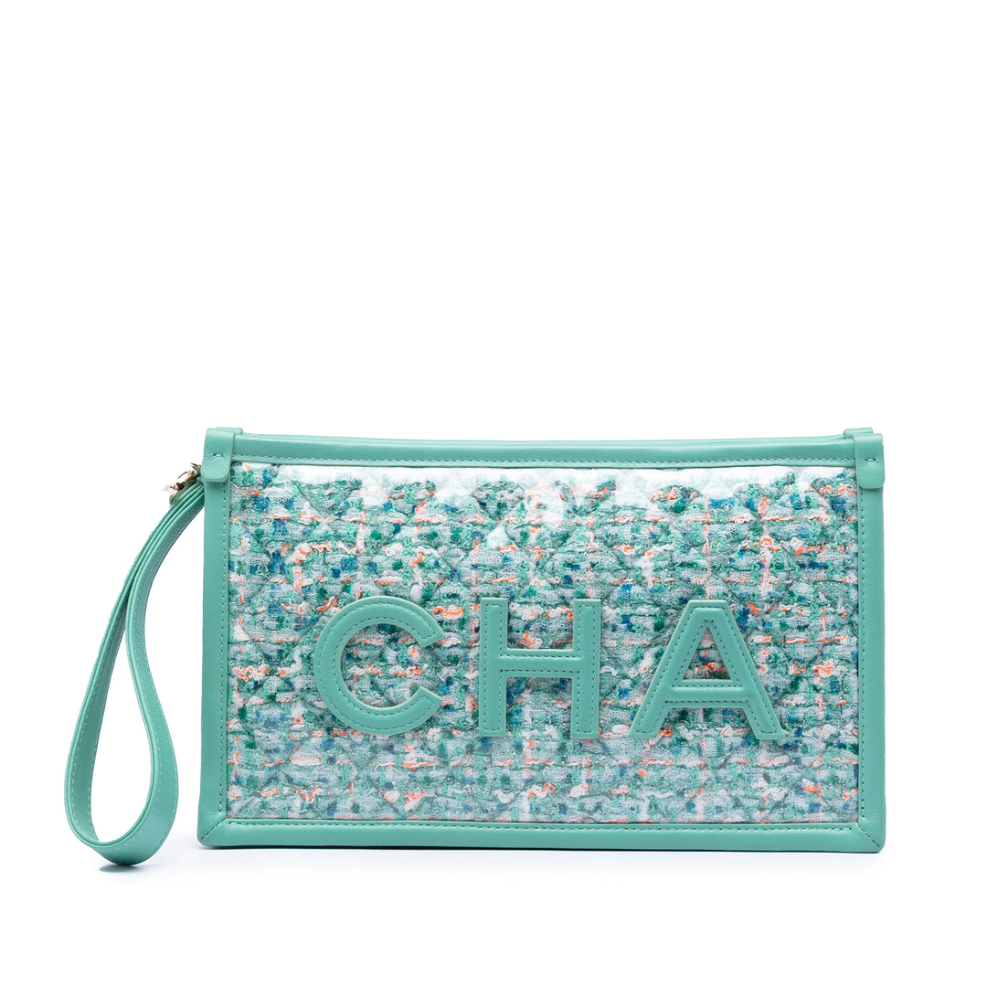 Chanel Matelassé Tweed PVC Logo Wristlet Pochette
