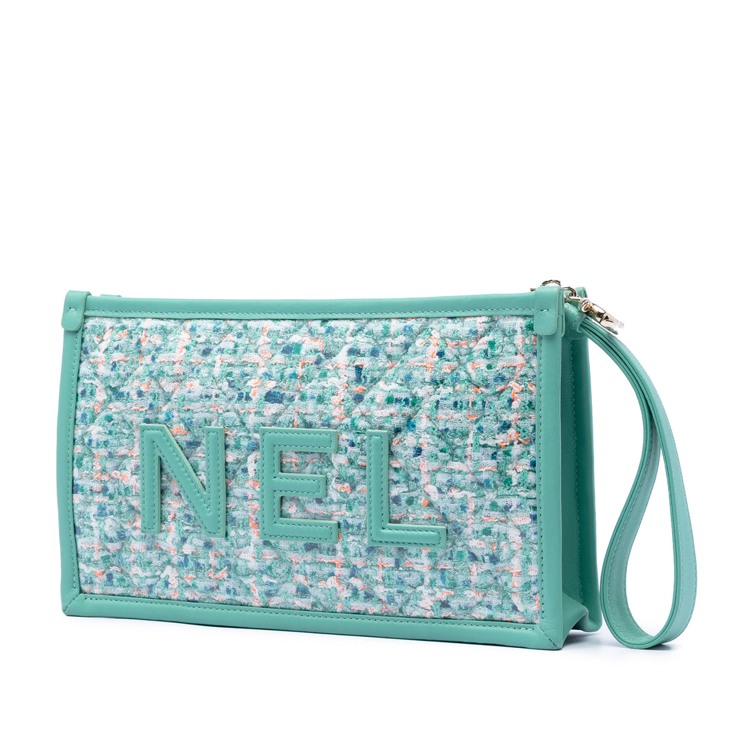Chanel Matelassé Tweed PVC Logo Wristlet Pochette