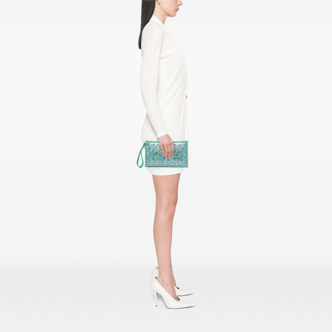Chanel Matelassé Tweed PVC Logo Wristlet Pochette