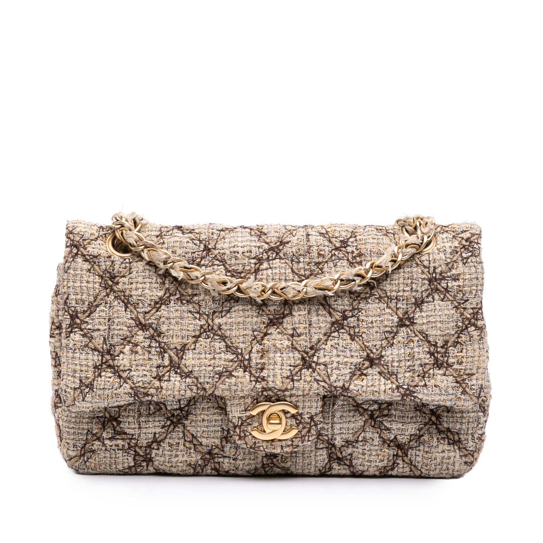 Medium Classic Quilted Metallic Tweed Single Flap Brown - Gaby Paris
