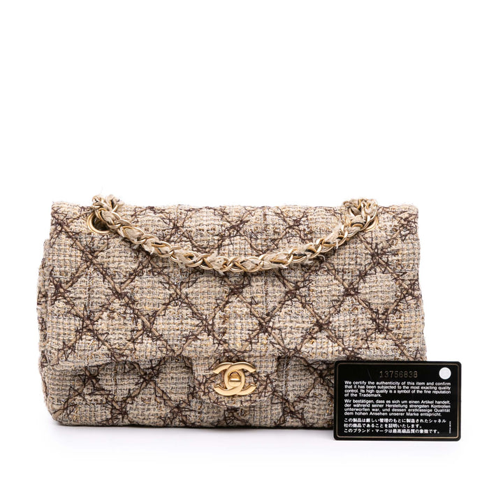 Medium Classic Quilted Metallic Tweed Single Flap Brown - Gaby Paris