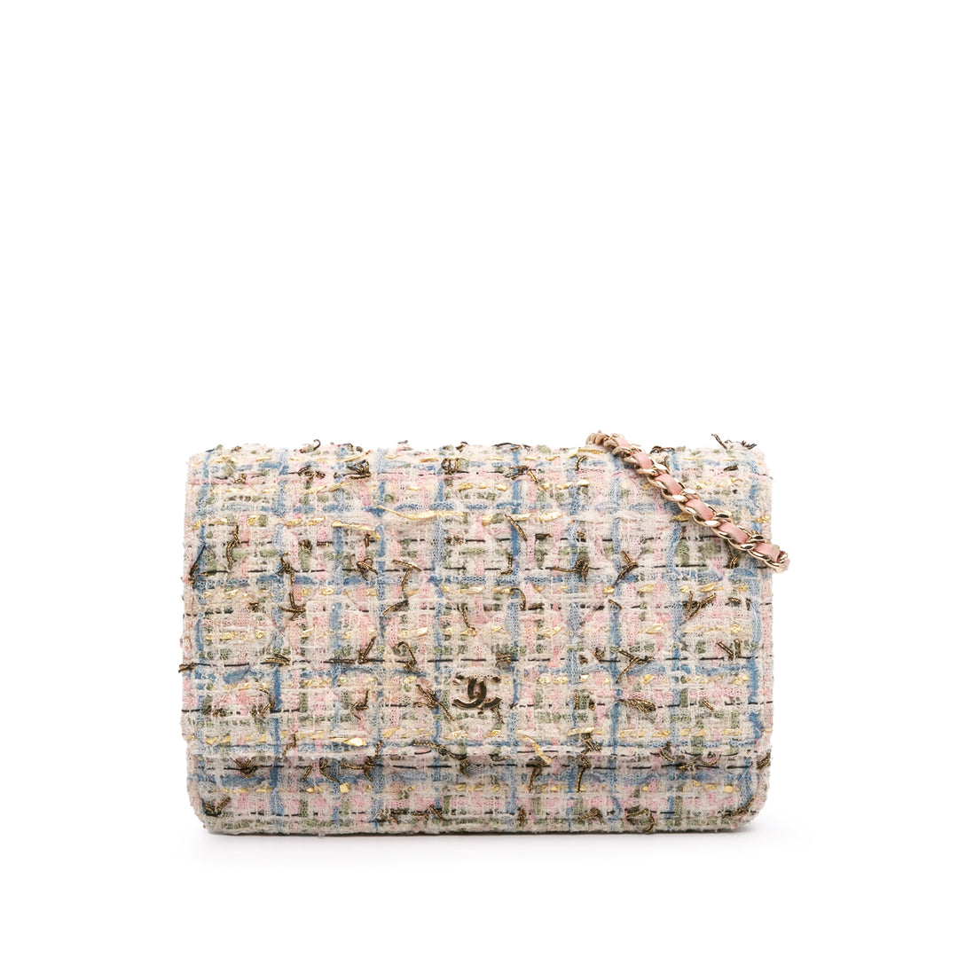 Quilted Boucle Tweed Charm Wallet On Chain Pink - Gaby Paris