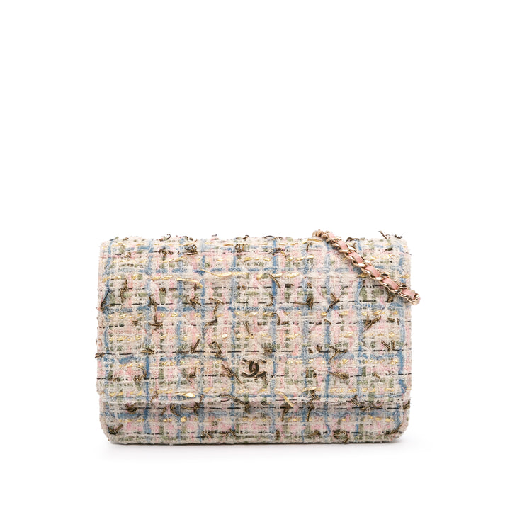 Quilted Boucle Tweed Charm Wallet On Chain Pink - Gaby Paris