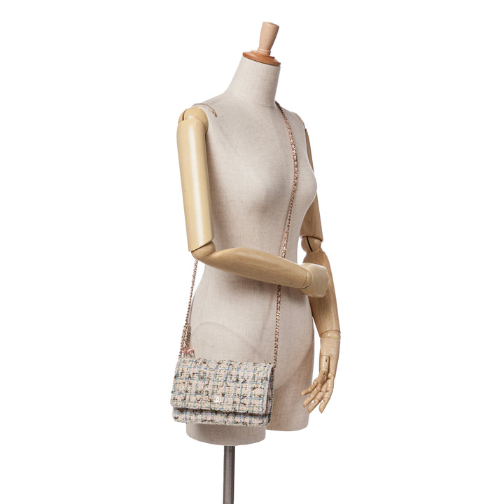 Quilted Boucle Tweed Charm Wallet On Chain Pink - Gaby Paris