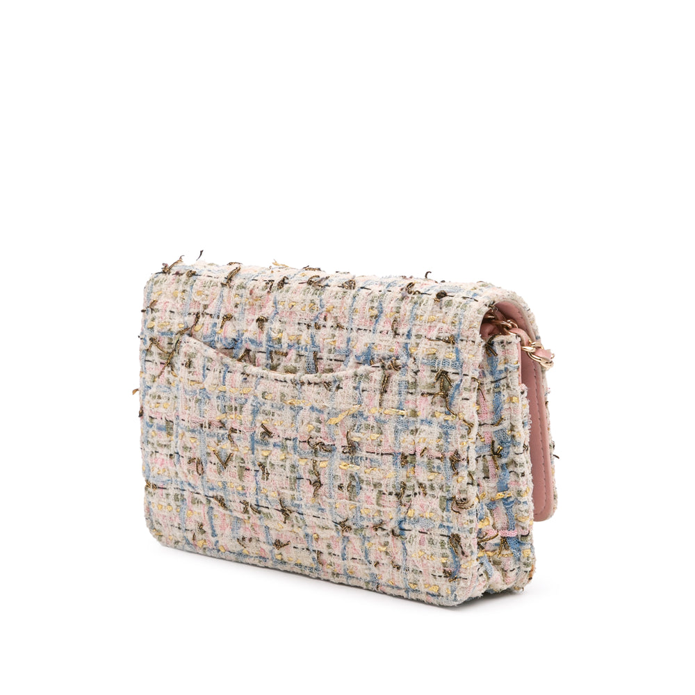 Quilted Boucle Tweed Charm Wallet On Chain Pink - Gaby Paris